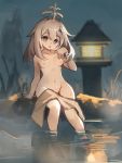  1girl :o bath bathing blue_eyes breasts genshin_impact grass hair_ornament halo highres lamppost looking_at_viewer medium_hair night nipples nude onsen open_mouth paimon_(genshin_impact) partially_submerged sitting small_breasts towel water wet white_hair 