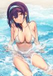  1girl bare_arms bare_shoulders beach bikini breasts cleavage collarbone hairband halterneck harumi_hana konbu_wakame large_breasts long_hair looking_at_viewer mole mole_on_breast navel parted_lips purple_eyes purple_hair sekai_de_ichiban_oppai_ga_suki! sitting solo stomach string_bikini swimsuit thighs water wet white_bikini 