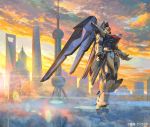  building cloud cloudy_sky commentary evening freedom_gundam gundam gundam_seed mecha mechanical_wings no_humans sky solo tani_(tanidesuyo) wings 