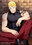  1boy bara bare_arms bare_shoulders blonde_hair chest covered_abs elbow_rest fairy_tail feet_out_of_frame kienbiu laxus_dreyar leg_up male_focus muscle pants patreon_username red_pants shirt short_hair shoulder_tattoo sleeveless sleeveless_shirt solo spiked_hair tattoo taut_clothes taut_shirt 
