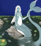  barely_visible_genitalia barely_visible_pussy blue_body blue_eyes breasts female genitals gills hair hi_res holding_tail humanoid long_hair looking_at_viewer marine merfolk multicolored_body nipples partially_submerged pond pussy sitting small_breasts solo syvaron white_body white_hair 