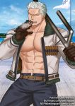  1boy abs ass_visible_through_thighs bara bare_chest belt chest cigar contrapposto denim facial_hair grey_eyes jacket jeans kienbiu male_focus muscle navel one_piece open_clothes open_jacket over_shoulder pants short_hair sideburns smoker_(one_piece) smoking solo stubble thick_thighs thighs weapon weapon_over_shoulder white_hair 