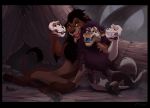  2020 4_toes black_hair digital_media_(artwork) disney duo felid feral green_eyes hair kitchiki lion mammal open_mouth pantherine paws scar_(the_lion_king) smile teeth the_lion_king toes tongue 