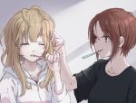  2girls bangs black_shirt blonde_hair brown_hair brushing_teeth closed_mouth collarbone commentary_request eyebrows_visible_through_hair eyelashes fingernails green_eyes grey_background hair_between_eyes half-closed_eye hand_in_another&#039;s_hair hand_up hasisisissy hibike!_euphonium holding holding_toothbrush hood hood_down hoodie long_hair looking_at_another looking_away messy_hair mouth_hold multiple_girls nakagawa_natsuki one_eye_closed parted_bangs parted_lips purple_eyes shiny shiny_hair shirt short_hair short_sleeves sidelocks sleepy sleeves_past_elbows smile thick_eyebrows toothbrush toothbrush_in_mouth two-tone_background upper_body white_background white_hoodie wide_sleeves yoshikawa_yuuko yuri zipper_pull_tab 