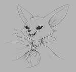  2020 aggressive_retsuko anthro canid canine cheek_tuft cloak clothed clothing facial_tuft fangs female fennec fenneko fox fur grey_background hi_res inner_ear_fluff laugh mammal monochrome open_mouth open_smile s1m sanrio simple_background smile solo tuft vampire 