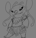  2020 alien angel_(lilo_and_stitch) antennae_(anatomy) artbro black_and_grey clothed clothing digital_drawing_(artwork) digital_media_(artwork) disney experiment_(lilo_and_stitch) female grey_background greyscale hand_on_hip lilo_and_stitch midriff monochrome semi-anthro simple_background sketch smile solo standing 