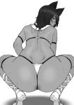  1girl animal_ears ass bangs bastet_(houtengeki) bikini blush egyptian_clothes embarrassed from_behind houtengeki monochrome original partially_visible_vulva shoes short_hair squatting sweat swimsuit thong thong_bikini white_background white_footwear 