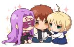  1boy 2girls @_@ ahoge artoria_pendragon_(all) black_footwear black_sleeves blindfold blonde_hair blouse boots chibi collar detached_sleeves dress emiya_shirou facial_mark fate/stay_night fate_(series) forehead_mark green_eyes highres long_hair long_sleeves multiple_girls orange_hair purple_collar purple_hair raglan_sleeves rider saber shirt short_dress skirt strapless strapless_dress thigh_boots thighhighs tsubuta_hiro very_long_hair white_shirt yellow_eyes 