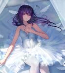  1girl absurdres alice_gear_aegis ballerina bed commentary_request diamond_(gemstone) feathers highres lying nikotama_mai on_back open_mouth purple_eyes purple_hair purple_nails sigma-z solo tiara tutu 