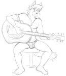  5_fingers 5_toes anime_eyes anthro barefoot bikini_briefs black_and_white bulge canid canine canis clothed clothing dark_underwear dog_tags domestic_dog fingers guitar husky kouya_(morenatsu) male mammal monochrome morenatsu muscular muscular_anthro muscular_male musical_instrument nordic_sled_dog playing_music plucked_string_instrument simple_background sketch smile solo spitz string_instrument thegreatmatsutzu toes topless video_games visual_novel white_background 