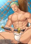  1boy abs anus ass_visible_through_thighs bara bulge chest facial_hair feet_out_of_frame fundoshi green_hair gumroad_username holding holding_sword holding_weapon japanese_clothes katana kienbiu male_focus muscle nipples one_eye_closed one_piece patreon_username roronoa_zoro scar scar_across_eye sheath short_hair sideburns solo spread_legs stitches stubble sword thick_thighs thighs twitter_username underwear underwear_only unsheathing weapon 