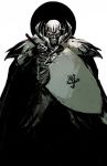  1boy armor berserk cape chun_lo glowing glowing_eyes greyscale highres holding holding_sword holding_weapon male_focus monochrome pauldrons red_eyes scratches shield shoulder_armor simple_background skull skull_knight_(berserk) solo spot_color standing sword weapon white_background 