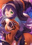  1girl ;d ascot ass back_bow bangs bare_shoulders black_gloves blush bow breasts buckle crescent detached_sleeves dress eyebrows_visible_through_hair fang fingerless_gloves fire_emblem fire_emblem:_path_of_radiance fire_emblem:_radiant_dawn fire_emblem_heroes from_side gloves green_eyes halloween halloween_costume hat highres leaning_forward long_hair long_sleeves looking_at_viewer looking_to_the_side medium_breasts mia_(fire_emblem) nakabayashi_zun one_eye_closed open_mouth orange_dress purple_bow purple_hair purple_headwear purple_neckwear sideboob skin_fang smile solo v very_long_hair witch_hat 