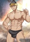  1boy abs bara baseball_cap black_briefs blonde_hair briefs bulge chest cowboy_shot erection erection_under_clothes facial_hair gumroad_username hand_on_hip hat hataraku_saibou kienbiu killer_t_(hataraku_saibou) male_focus muscle navel nipples patreon_username pointing pointing_at_self short_hair sideburns solo stubble thick_thighs thighs twitter_username underwear underwear_only yellow_eyes 