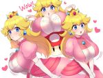 1girl alternate_breast_size blonde_hair blue_eyes blush breast_rest breasts crown dress earrings elbow_gloves english_text gloves heart huge_breasts jewelry kinakosuki lips long_hair looking_at_viewer mario_(series) multiple_views open_mouth pink_dress princess_peach simple_background upper_teeth white_background 