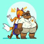  2020 animal_crossing anthro apron belly bottomwear brown_body brown_fur canid canine clothing crazy_redd cute_fangs duo eyes_closed fox fur hi_res javigameboy male mammal nintendo overweight overweight_male raccoon_dog shirt shorts tanuki tom_nook_(animal_crossing) topwear video_games 