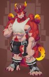  2020 4_fingers 4_toes anthro big_bulge big_muscles bulge claws clothing cthugha_(tas) dragon fingers grin hi_res kazushi looking_at_viewer male multicolored_body multicolored_scales muscular muscular_anthro muscular_male nipples purple_eyes red_body red_claws red_nipples red_scales scales shirt simple_background smile solo standing tan_body tan_scales tank_top toes tokyo_afterschool_summoners topwear two_tone_body two_tone_scales underwear video_games 
