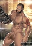  1boy abs amputee arm_tattoo bara barret_wallace beard biceps black_hair censored chest chest_hair completely_nude contrapposto dark_skin dark_skinned_male earrings facial_hair feet_out_of_frame final_fantasy final_fantasy_vii final_fantasy_vii_remake flaccid gumroad_username jewelry kienbiu male_focus male_pubic_hair mosaic_censoring muscle nipples nude patreon_username pubic_hair short_hair solo tattoo testicles twitter_username 