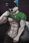  2020 5_fingers abs anthro black_hair canid canine canis digital_media_(artwork) eyebrows eyelashes fingers green_eyes hair koul looking_at_viewer male mammal smile solo wolf 