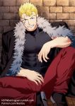  1boy bara black_jacket blonde_hair chest covered_abs elbow_rest fairy_tail feet_out_of_frame fur-trimmed_jacket fur_trim jacket kienbiu laxus_dreyar leg_up male_focus muscle pants patreon_username red_pants shirt short_hair solo spiked_hair taut_clothes taut_shirt 