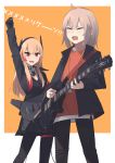  2girls ahoge alternate_costume closed_eyes girls_frontline gloves grey_hair guitar headphones highlights highres hinami047 id_card instrument lanyard m200_(girls_frontline) m4_sopmod_ii_(girls_frontline) multicolored_hair multiple_girls music pink_hair playing_instrument plectrum red_hair strap_slip translation_request two-tone_hair 