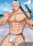  1boy abs ass_visible_through_thighs bara belt bulge chest cigar contrapposto denim facial_hair jeans jockstrap kienbiu male_focus muscle navel nipples one_piece over_shoulder pants short_hair sideburns smoker_(one_piece) smoking solo stubble thick_thighs thighs underwear underwear_only weapon weapon_over_shoulder 