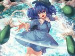  1girl backpack bag blue_eyes blue_hair breasts hair_bobbles hair_ornament hat highres ibuki_notsu kawashiro_nitori large_breasts long_sleeves missile open_mouth outstretched_arms shirt skirt smile solo touhou two_side_up water 