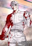  1boy bara baseball_cap black_eyes blood blood_on_face bloody_clothes bloody_weapon bulge cowboy_shot gloves gumroad_username hair_over_one_eye hat hataraku_saibou holding holding_knife jacket kienbiu knife male_focus muscle pants patreon_username short_hair solo twitter_username weapon white_blood_cell_(hataraku_saibou) white_gloves white_hair white_headwear white_jacket white_pants white_skin 