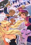  1boy 3girls animal_ear_fluff animal_ears bangs blonde_hair breasts brown_eyes brown_hair cat_ears cat_paw claw_pose cleavage cleavage_cutout clothing_cutout cosplay dark_skin dianna_soreil felicia_(vampire) felicia_(vampire)_(cosplay) gallon gallon_(cosplay) gundam halloween highres lei_lei lei_lei_(cosplay) long_hair looking_at_viewer loran_cehack medium_breasts miashei_kune morrigan_aensland morrigan_aensland_(cosplay) multiple_girls one_eye_closed short_hair sochie_heim takeda_yuuko talisman turn_a_gundam vampire_(game) white_hair 