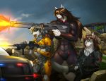  anthro assault_rifle blue_eyes breasts brown_eyes brown_hair bulletproof_vest canid canine canis clothed clothing detailed_background felid female fur g36 grey_body grey_fur group gun hair hi_res holding_object holding_weapon leopard link2004 m4 male mammal mask multicolored_body multicolored_fur muscular muscular_anthro muscular_female open_mouth pantherine raining ranged_weapon rifle rilfe tongue two_tone_body two_tone_fur weapon white_body white_fur wolf yellow_eyes 