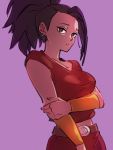  1girl black_hair breasts brown_eyes dragon_ball dragon_ball_super earrings forehead jewelry kale_(dragon_ball) kemachiku large_breasts looking_at_viewer midriff ponytail purple_background short_hair simple_background sleeveless solo 