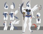  absol anthro blue_body breasts butt claws fangs female fur genitals hi_res holding_object holding_weapon horn link2004 model_sheet multicolored_body nintendo nipples open_mouth pok&eacute;mon pok&eacute;mon_(species) pussy red_eyes simple_background solo tongue tongue_out two_tone_body video_games weapon white_body white_fur wings 