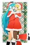  2girls blonde_hair blue_eyes blue_hair dated hat hatsune_miku highres hug kagamine_rin leg_up long_hair looking_at_viewer meriko multiple_girls santa_costume santa_dress santa_hat short_hair smile thigh_strap thighhighs twintails very_long_hair vocaloid yuri 