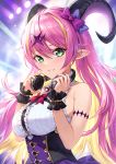  1girl arm_strap asymmetrical_horns bare_shoulders blonde_hair blush bow breasts chest_harness colored_inner_hair commentary curled_horns demon_horns dress green_eyes guchico hair_between_eyes hair_bow hair_ornament harness headphones headphones_around_neck holding holding_headphones hololive horns large_breasts long_hair looking_at_viewer mano_aloe multicolored_hair nail_polish pink_hair pointy_ears purple_nails skull sleeveless sleeveless_dress smile solo streaked_hair symbol_commentary two-tone_hair virtual_youtuber wrist_cuffs 