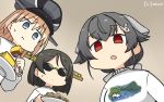  3girls alternate_costume bangs bismarck_(kantai_collection) black_hair blonde_hair casual commentary_request dated eating empty_eyes eyebrows_visible_through_hair food fork from_below hair_flaps hair_ornament hairclip hamu_koutarou highres jingei_(kantai_collection) kantai_collection kirishima_(kantai_collection) long_hair low_ponytail multiple_girls nice_boat open_mouth pasta red_eyes short_hair signature spaghetti sunglasses sweater upper_body white_sweater 