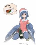  ? animal_ears bird_ears bird_legs bird_wings blue_eyes blue_feathers blue_hair blush christmas dated dress english_text eyebrows_visible_through_hair feathered_wings feathers food glass_bottle grey_eyes harpy hat highres monster_girl open_clothes original red_dress rnd.jpg santa_hat talons wings 