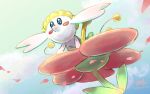  commentary_request dated day flabebe flabebe_(red) from_below gen_6_pokemon no_humans null_suke outdoors petals pokemon pokemon_(creature) solo watermark 