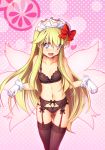  1girl :d ass_visible_through_thighs bangs bare_shoulders black_bra black_garter_belt black_legwear black_panties blonde_hair blue_eyes blush bow bow_bra bow_panties bra breasts chima_q collarbone covered_nipples eyebrows_visible_through_hair eyes_visible_through_hair garter_belt gloves gradient gradient_background hair_between_eyes hair_bow heart heart-shaped_pupils highres lily_white lingerie long_hair looking_at_viewer maid_headdress navel open_mouth panties pink_background polka_dot polka_dot_background red_bow simple_background small_breasts smile solo stomach symbol-shaped_pupils thigh_gap thighhighs touhou underwear underwear_only very_long_hair white_gloves 