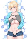  1girl ass_visible_through_thighs bangs blonde_hair blue_jacket blue_shorts blush breasts closed_mouth collarbone cowboy_shot denim denim_shorts eyebrows_visible_through_hair green_eyes grey_shirt hand_under_clothes hand_under_shorts jacket large_breasts lifted_by_self long_hair long_sleeves looking_at_viewer micro_shorts navel no_bra no_panties open_clothes open_jacket original ponytail shirt shirt_lift shorts signature smile solo underboob unpokotan 