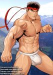  1boy abs ass bara black_hair bulge chest cowboy_shot gumroad_username headband jockstrap kienbiu leg_hair male_focus male_pubic_hair muscle navel navel_hair nipples patreon_username pubic_hair ryu_(street_fighter) short_hair solo spread_legs street_fighter thick_thighs thighs twitter_username underwear veins 