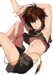  1boy brown_eyes brown_hair crop_top crop_top_overhang digital_media_player earbuds earphones grin hair_between_eyes headphones highres hikaru_no_go looking_at_viewer midriff mozaiku_(ukiazom) navel nipples one_eye_closed pectorals short_shorts shorts simple_background smile v waya_yoshitaka white_background 