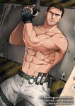  1boy abs bara biceps brown_hair chest chris_redfield cowboy_shot facial_hair fingerless_gloves gloves gumroad_username gun handgun holding holding_gun holding_weapon kienbiu male_focus muscle navel navel_hair nipples pants patreon_username resident_evil resident_evil_5 shirtless short_hair solo spread_legs stubble thick_thighs thighs twitter_username weapon white_pants 