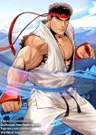  1boy bara bare_arms bare_chest black_hair chest cowboy_shot dougi fingerless_gloves gloves gumroad_username hadouken headband kienbiu male_focus muscle pants patreon_username ryu_(street_fighter) short_hair sleeveless solo street_fighter thick_thighs thighs torn_clothes twitter_username white_pants 