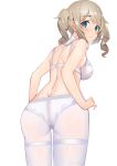  1girl absurdres ass back bangs barbara_(genshin_impact) blue_eyes blush bra breasts commentary_request echo genshin_impact highres looking_at_viewer panties pantyhose simple_background solo thighband_pantyhose twintails underwear white_background white_bra white_legwear white_panties 