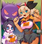  1boy 1girl :&gt; ahoge allister_(pokemon) alternate_costume bangs bea_(pokemon) black_hair black_nails blue_eyes blush breasts candy capelet commentary_request dark_skin door doorknob fake_horns fang food gen_1_pokemon gengar gloves gym_leader hairband halloween hands_up highres holding horns katwo lollipop looking_at_viewer mask nail_polish open_mouth orange_capelet poke_ball pokemon pokemon_(creature) pokemon_(game) pokemon_swsh pumpkin_print purple_eyes short_hair shorts smile suspenders teeth 