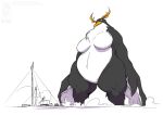  2020 anthro avian big_breasts bird black_body black_feathers breasts conditional_dnp crested_penguin dust_cloud empty_eyes feathers featureless_breasts female genitals jollyjack kaiju non-mammal_breasts penguin pussy restricted_palette rockhopper_penguin slightly_chubby solo white_body white_feathers yellow_body yellow_feathers 
