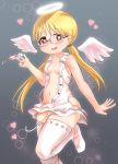  1girl angel_wings apron aqualitas blonde_hair breasts child commentary halo heart heart-shaped_pupils highres looking_at_viewer made_in_abyss navel nearly_naked_apron open_mouth riko_(made_in_abyss) short_twintails simple_background small_breasts solo symbol-shaped_pupils syringe twintails white_legwear wings 