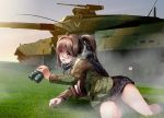  1girl binoculars blush breasts brown_eyes brown_hair camouflage camouflage_jacket camouflage_skirt commentary_request day glasses grass ground_vehicle gun kiryuu_takahisa lying machine_gun military military_vehicle motor_vehicle open_mouth original panties phone ponytail skirt sky tank type_10_(tank) underwear weapon white_panties 