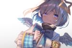  1girl amane_kanata angel_wings armband bow bowtie collar cuffs eyebrows_visible_through_hair feathered_wings halo hololive hopepe pout purple_eyes sailor_collar school_uniform short_hair silver_hair sleeve_cuffs solo upper_body virtual_youtuber wings 