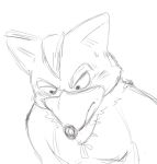  anthro black_and_white blush bodily_fluids button_nose canid canine clothed clothing dog_tags fox fox_mccloud jewelry looking_down male mammal monochrome necklace nintendo simple_background sketch solo star_fox sweat thegreatmatsutzu topless video_games white_background 